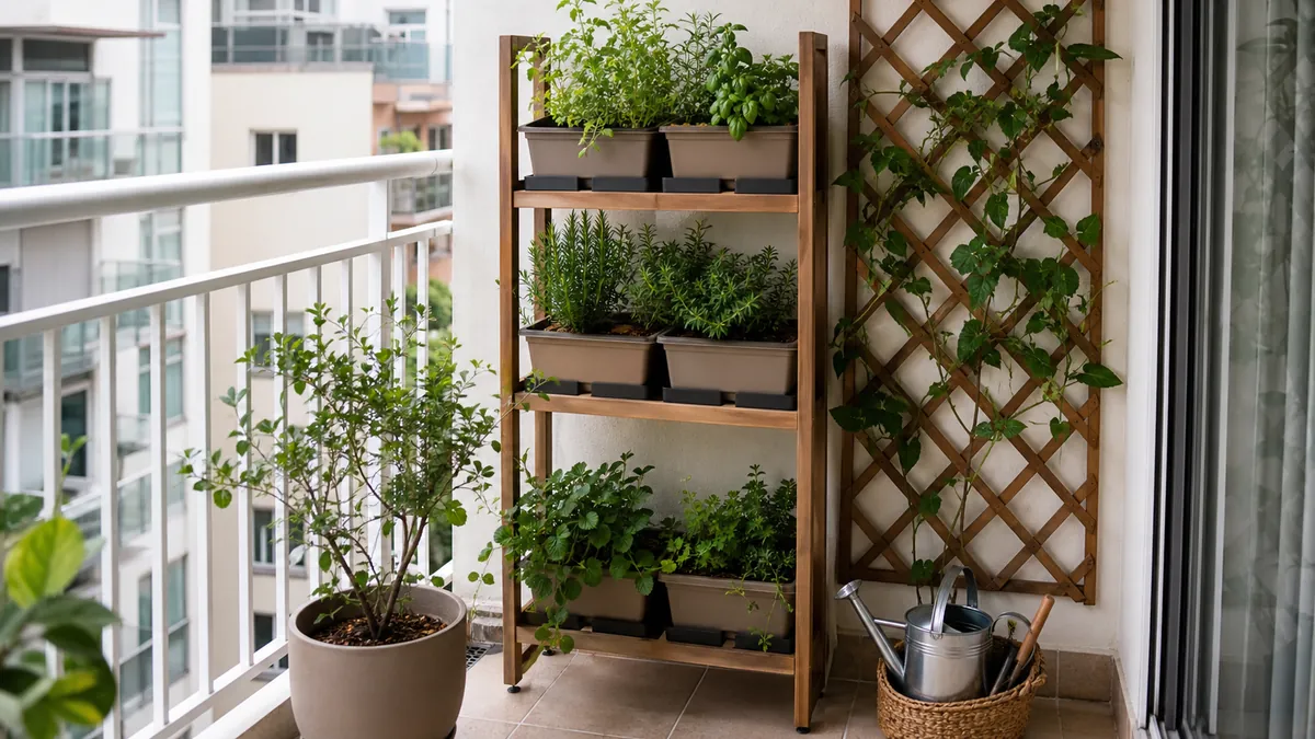 Varanda pequena com prateleira vertical de plantas, treliça removível e vasos organizados sem água acumulada.