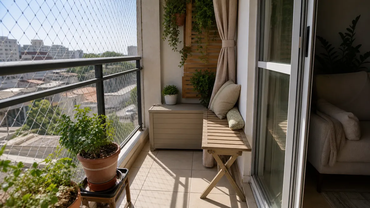 Varanda pequena com rede de proteção, banco dobrável, caixa leve, plantas elevadas e passagem livre perto da porta.