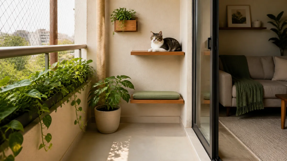 Varanda pequena com prateleiras de madeira, arranhador vertical e gato em um ponto elevado junto à sala.