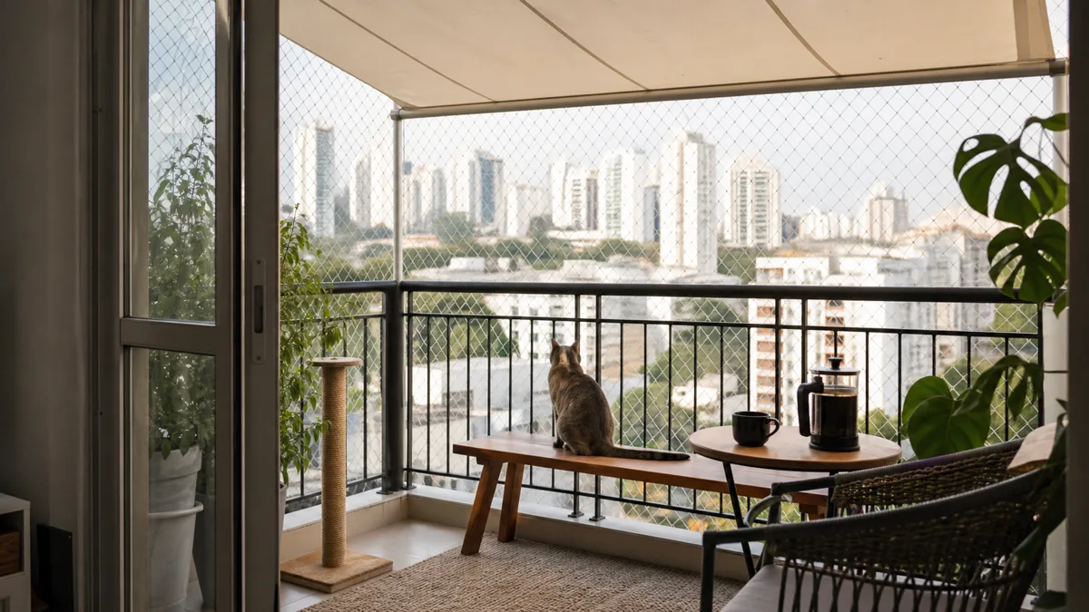 Varanda pequena de apartamento alugado com tela profissional, banco solto, sombra removível e gato olhando a cidade.